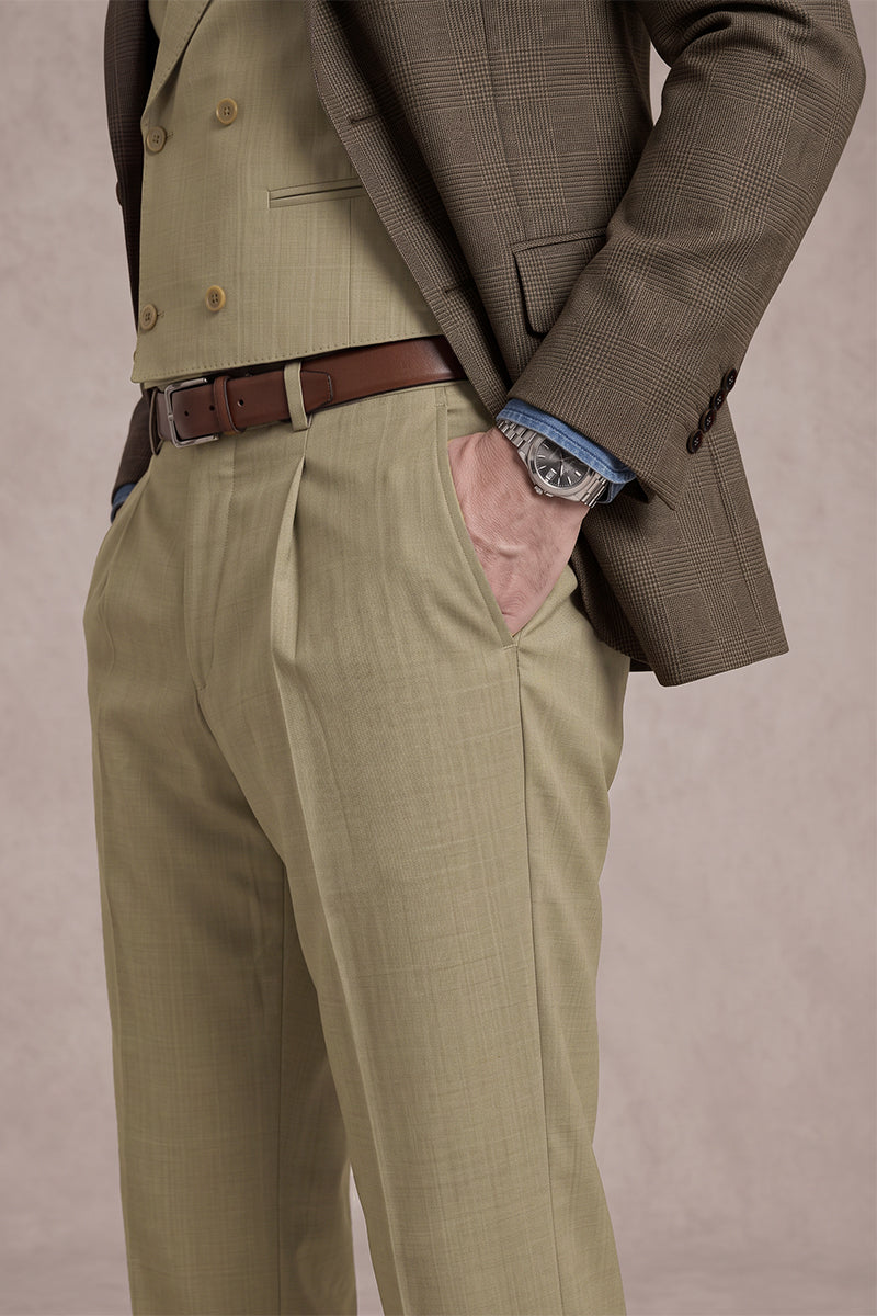 Khaki 50% Merino Wool Suit Trousers