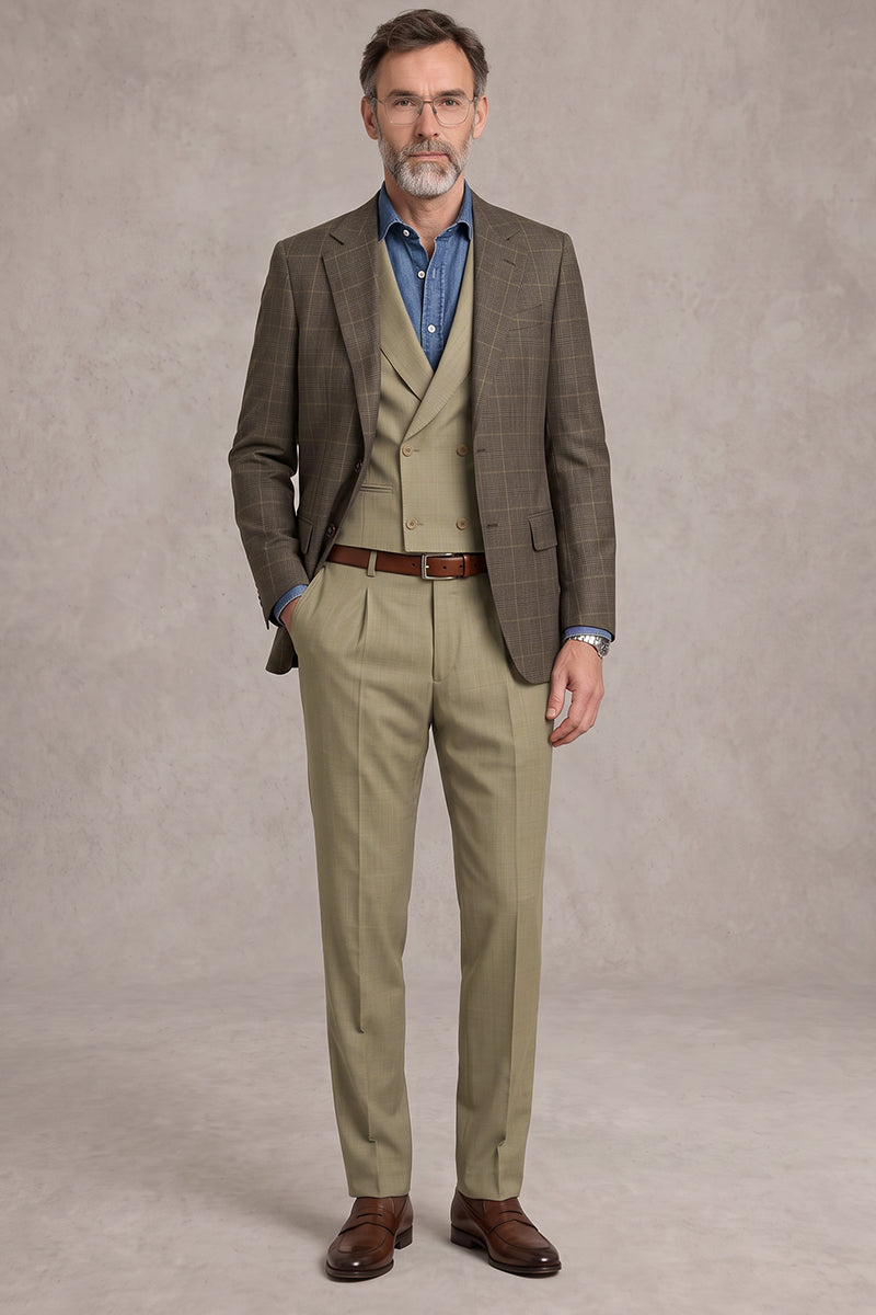Khaki 60% Merino Wool 3-Piece Suit