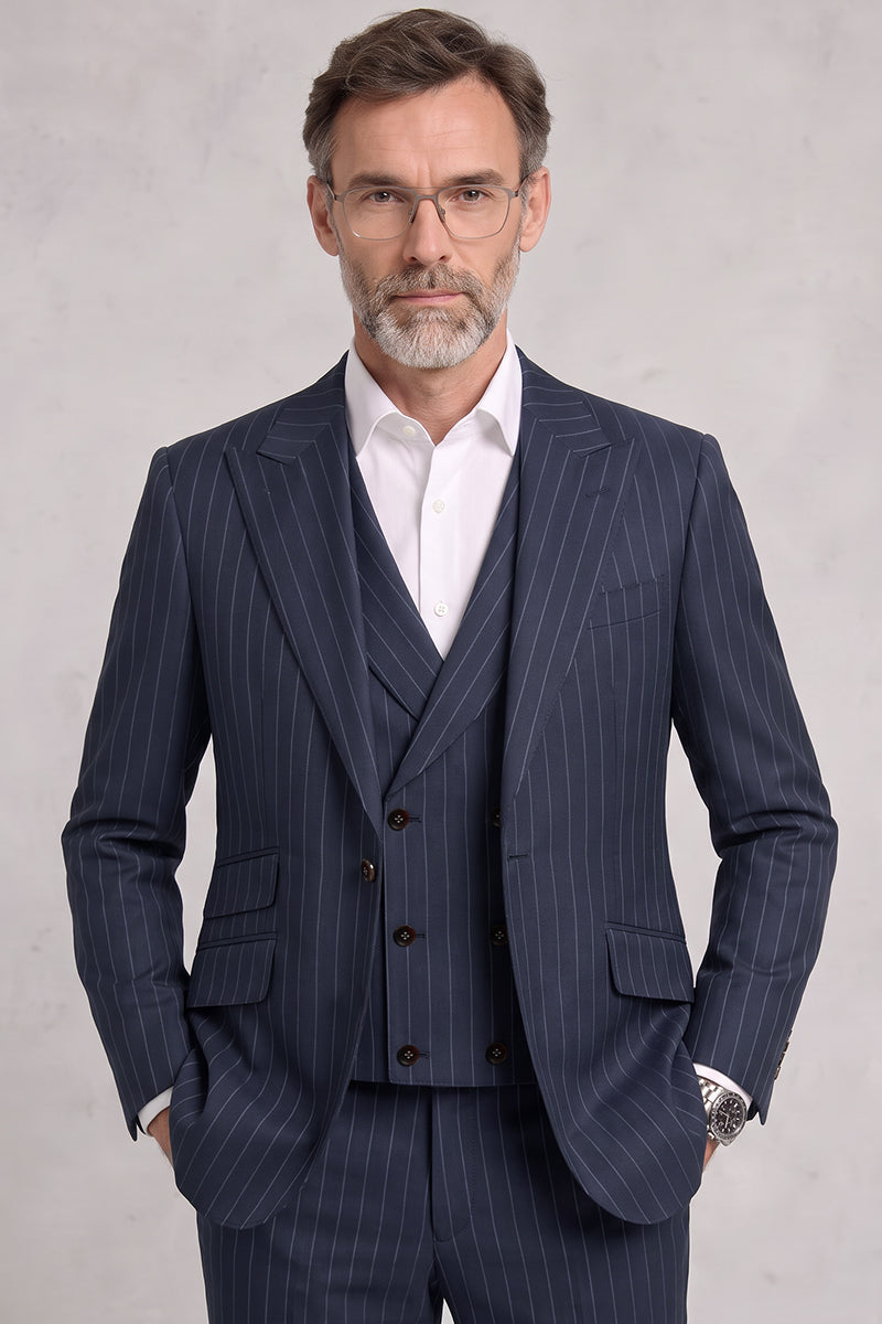 Blue 50% Merino Wool 3-Piece Suit