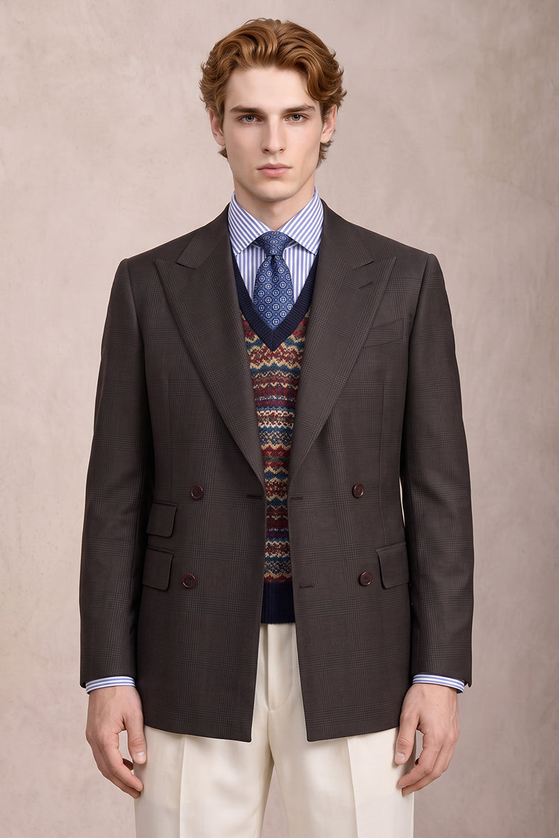 Brown 50% Plaid Merino Wool Suit