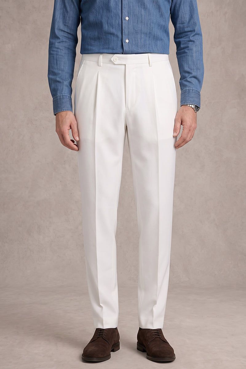 White 100% Merino Wool Suit Trousers