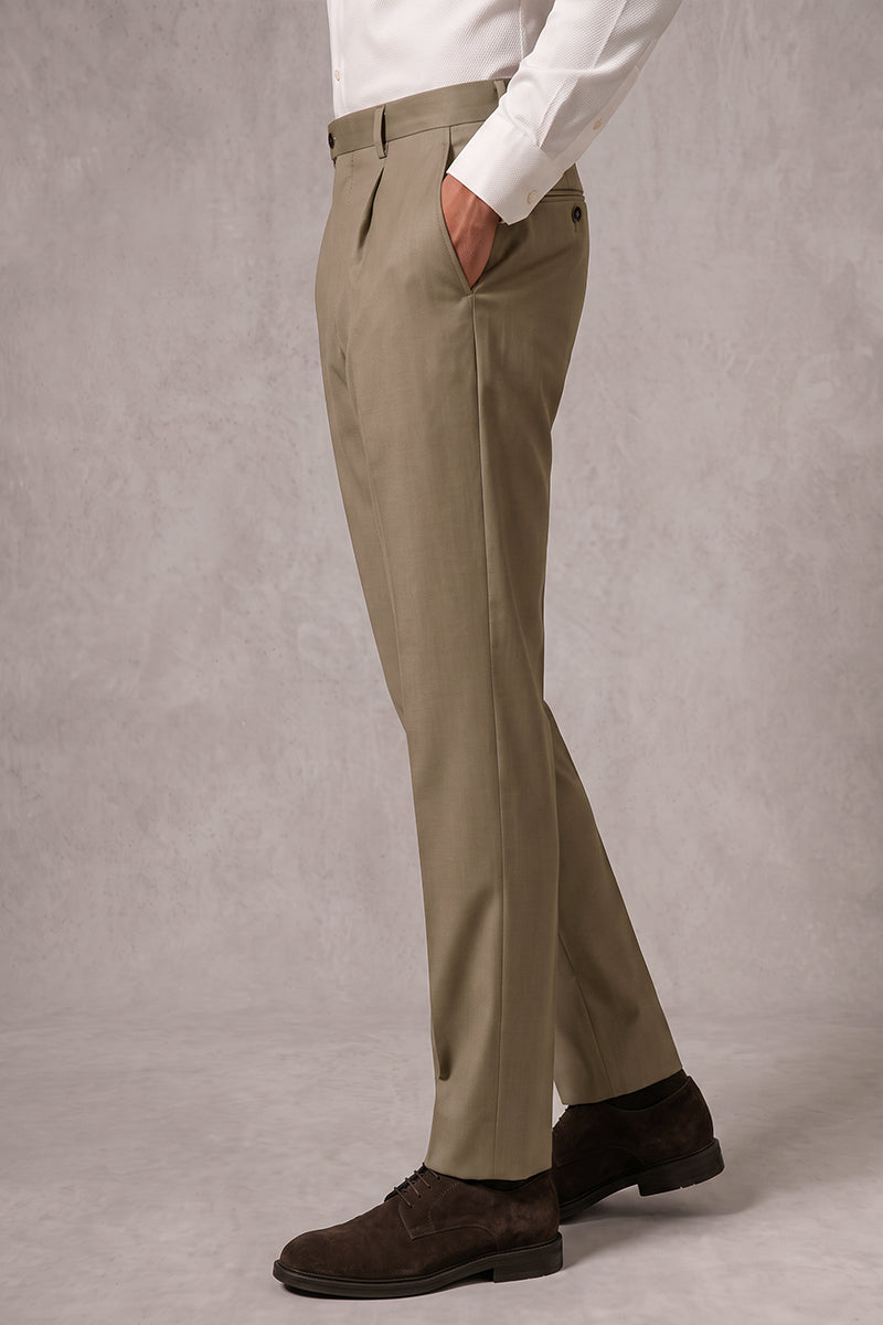 Khaki 50% Merino Wool Suit Trousers