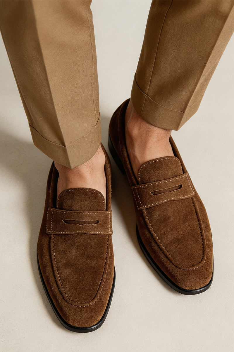 Brown Dark Coffee Men Calfskin Slip Business Loafters Shoes