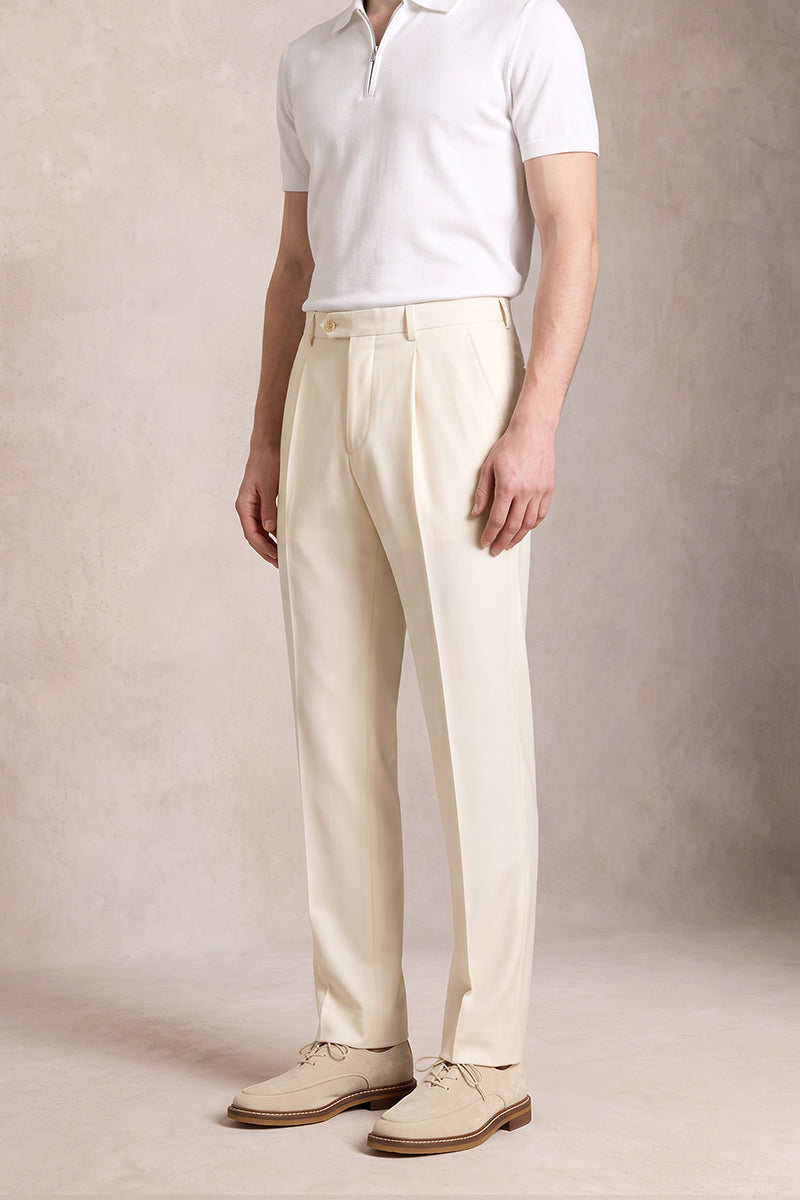 Beige 50% Merino Wool Suit Trousers