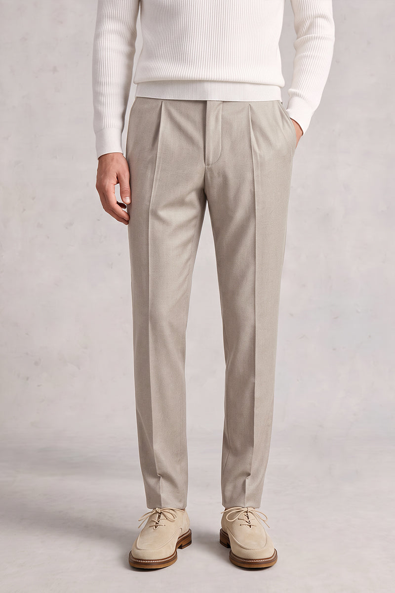 Beige 70% Merino Wool Suit Trousers