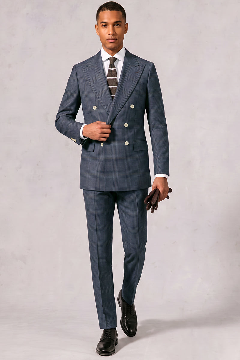 Blue 100% Plaid Merino Wool Men Suit