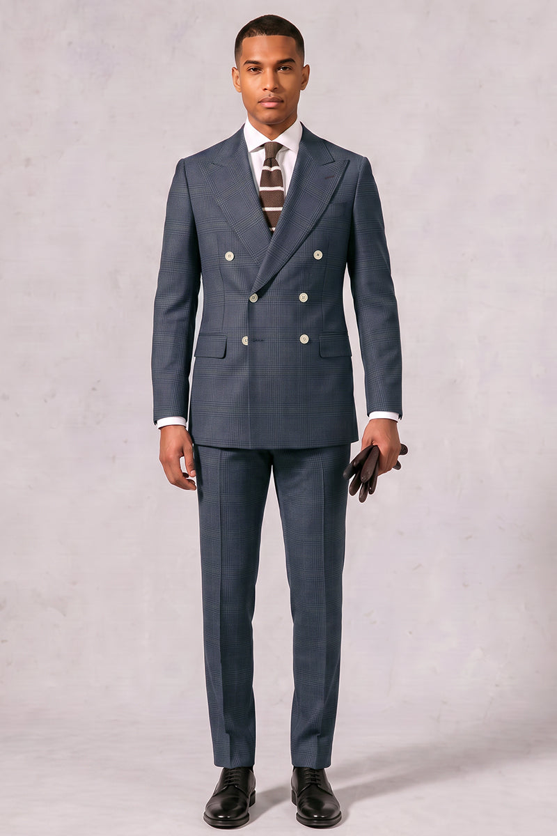 Blue 100% Plaid Merino Wool Men Suit