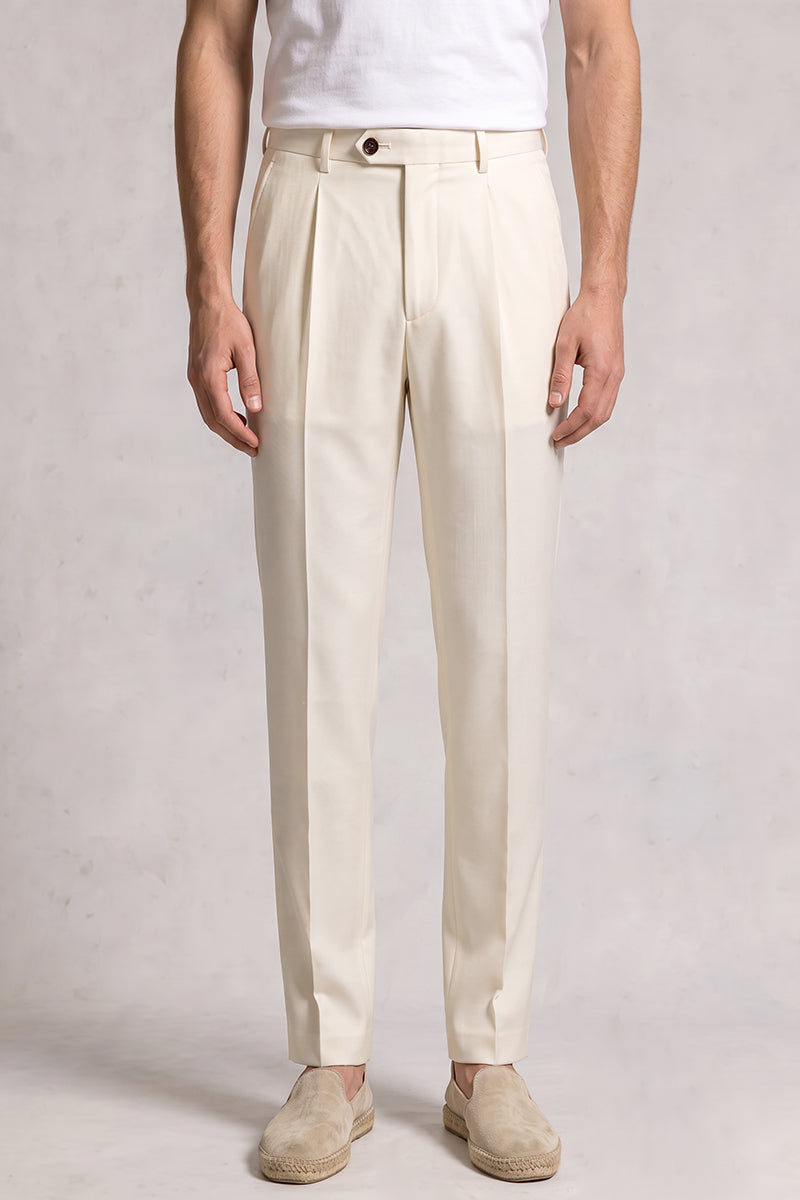 Beige 50% Merino Wool Suit Trousers
