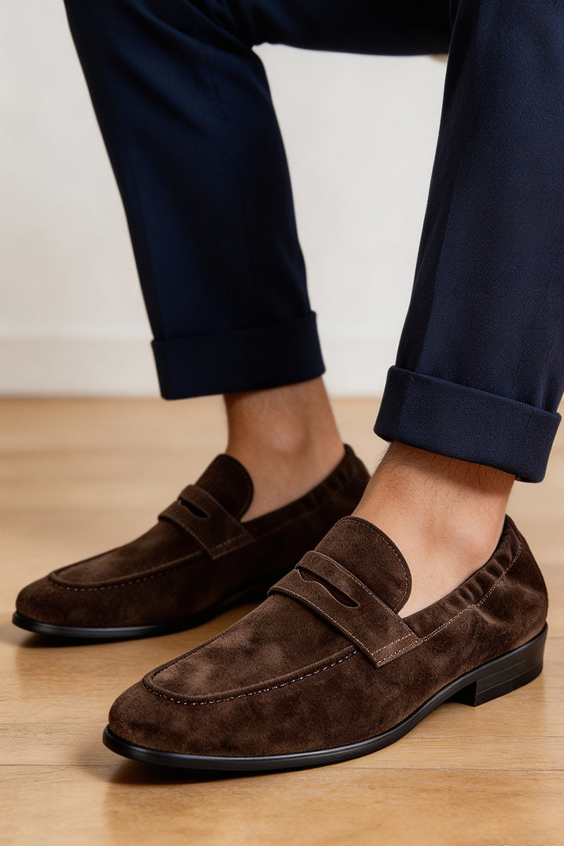 Brown Dark Coffee Men Calfskin Slip Business Loafters Shoes