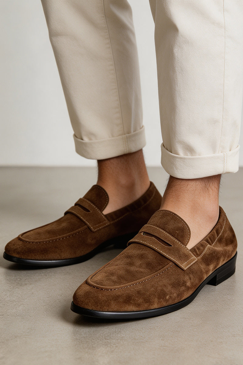 Brown Dark Coffee Men Calfskin Slip Business Loafters Shoes